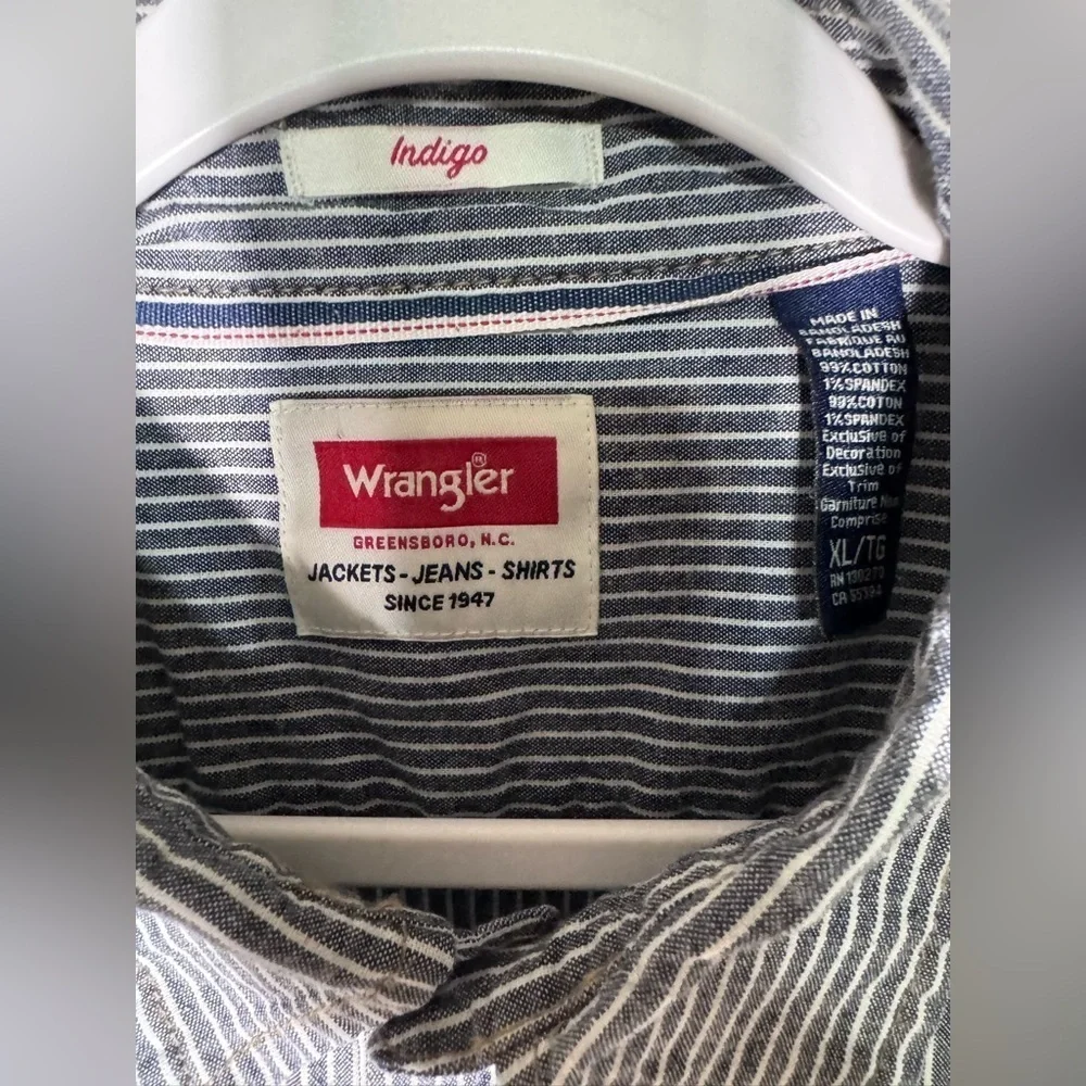 Wrangler Men’s Indigo Striped Denim Long Sleeve Shirt Brown Pearl Snaps Size XL